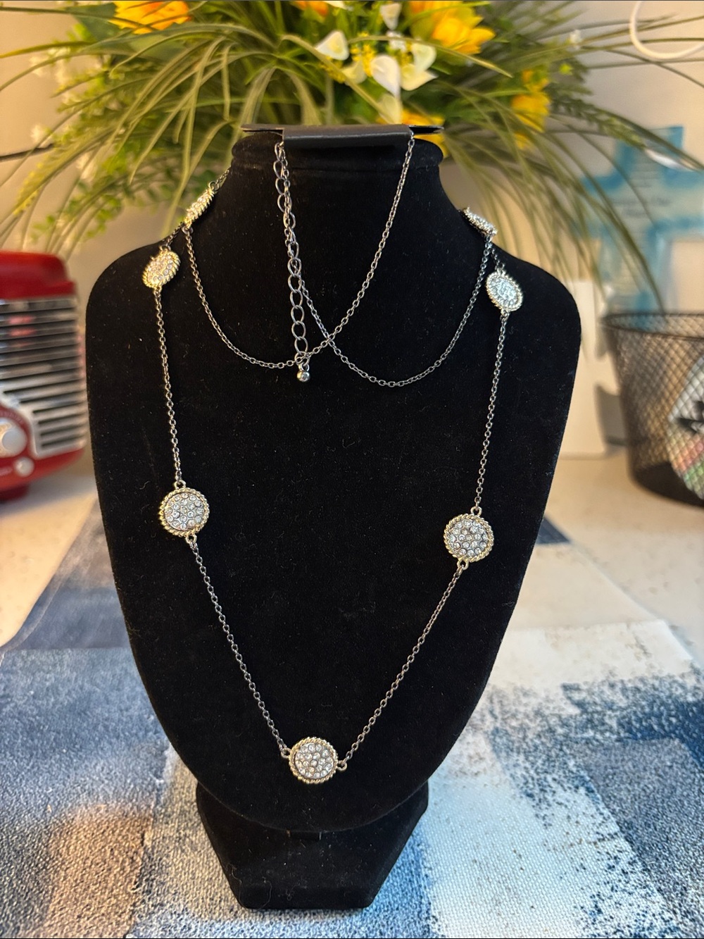 RSVP Gold and Silver Pave Disc Station Necklace